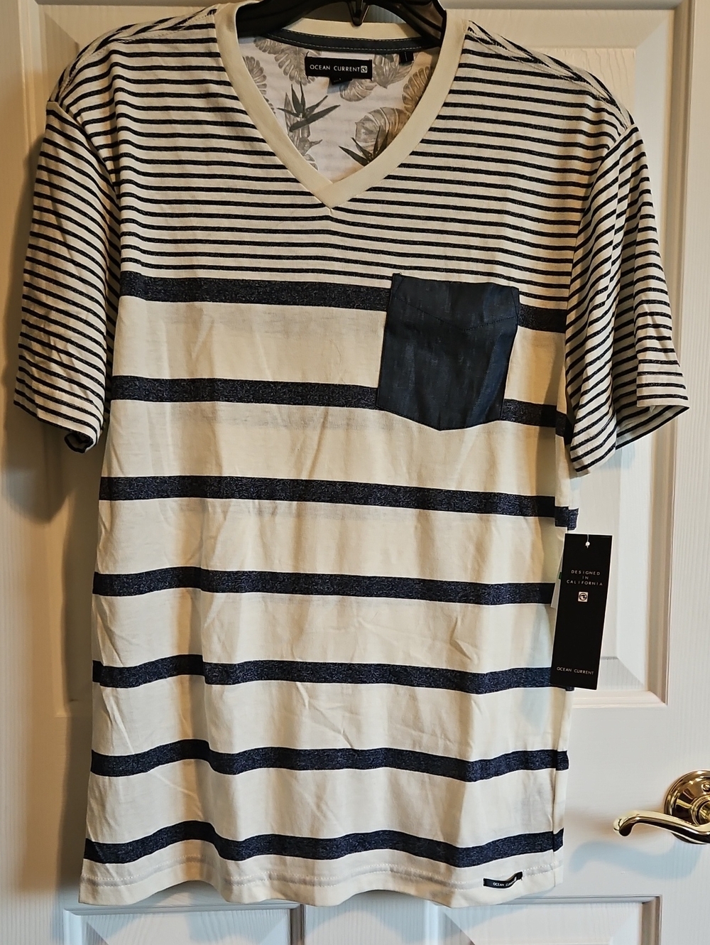 Ocean Current Cream and Navy Striped V-Neck Pocket Tee